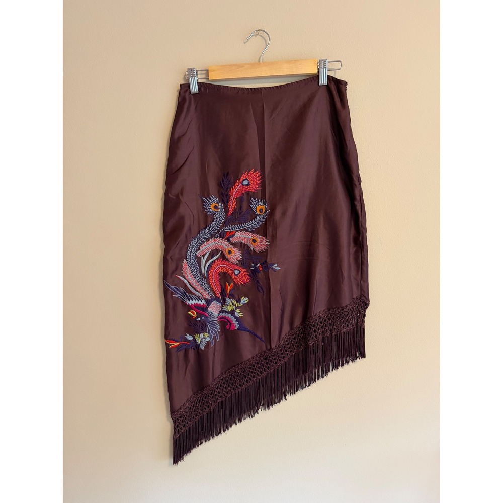 Henna Boho Dark Purple Embroidered Peacock Fringe Asymmetrical Midi Skirt Size 7